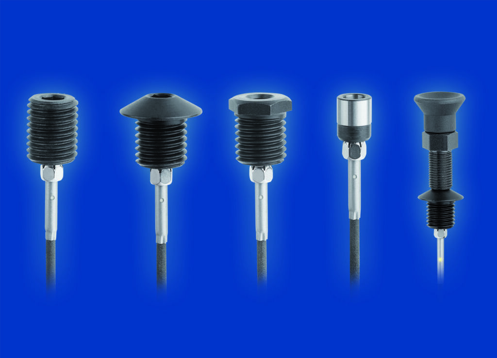 Positionier- und Aufnahmebuchsen
mit Zustandssensor 2 Die Positionierbuchsen mit Zustandssensor gibt es aus Stahl oder Edelstahl - mit durchgehendem Gewinde, Gewinde mit Anlaufkegel, Gewinde und Bund oder als glatte Ausführung (von links nach rechts). Die Abbildung ganz rechts zeigt ein Anwendungsbeispiel.