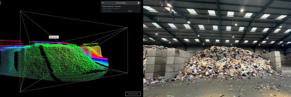 Intelligentes Lidar 2 Links die Punktwolke, die aus der Erfassung des Abfallhaufens (r.) mit 3D-Lidar erstellt wurde
und aus der das Abfallvolumen exakt bestimmt werden kann.