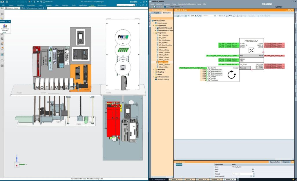 Reibungsloses Zusammenspiel 2 Die Simulationsplattform Simit mit dem NX Mechatronics
Concept Designer (MCD), mit dem Mechanik, Elektrik und Automatisierung im Designprozess
interdisziplinär betrachtet und
bearbeitet werden können.
