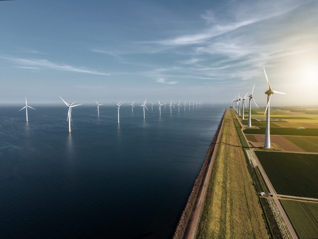 Bachmann-Partnerschaft mit P.E. Concepts 1 Wind turbine from an aerial view, Drone view at windpark a windmill farm in the lake IJsselmeer the biggest in the Netherlands, Sustainable development, renewable energy.