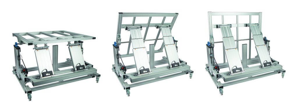  Montagetische und -vorrichtungen lassen sich mit Hilfe der Synchronsteuerung flexibel 
sowohl in der H&ouml;he, als auch der Neigung 
ergonomisch der jeweiligen Arbeit anpassen.