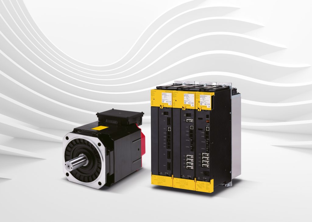 Next-Generation-CNC 2 Picture of spindle motor and amplifier Alpha i-D series. Light hall background.