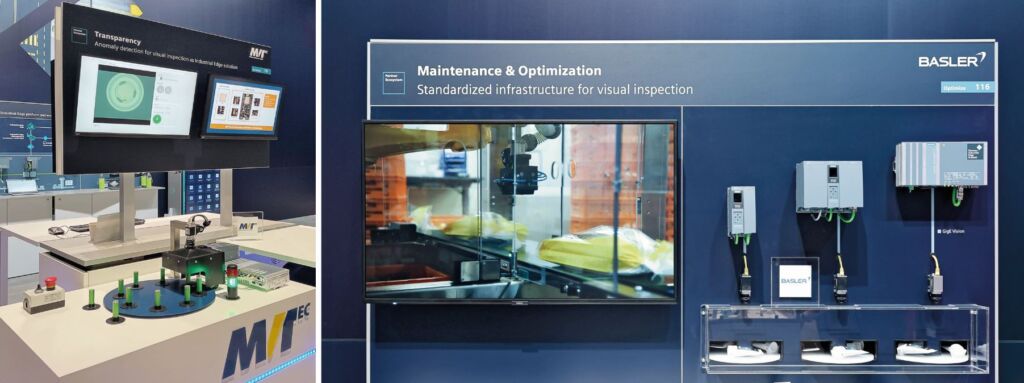 Vision-Integration per App 2 Industrial-Edge-basierte visuelle Prüfung von Batteriezellen mit MVTec Merlic (l.) sowie Simatic-Konnektivitätslösungen mit Basler-Flächenkameras und der Vision Connector App (r.)