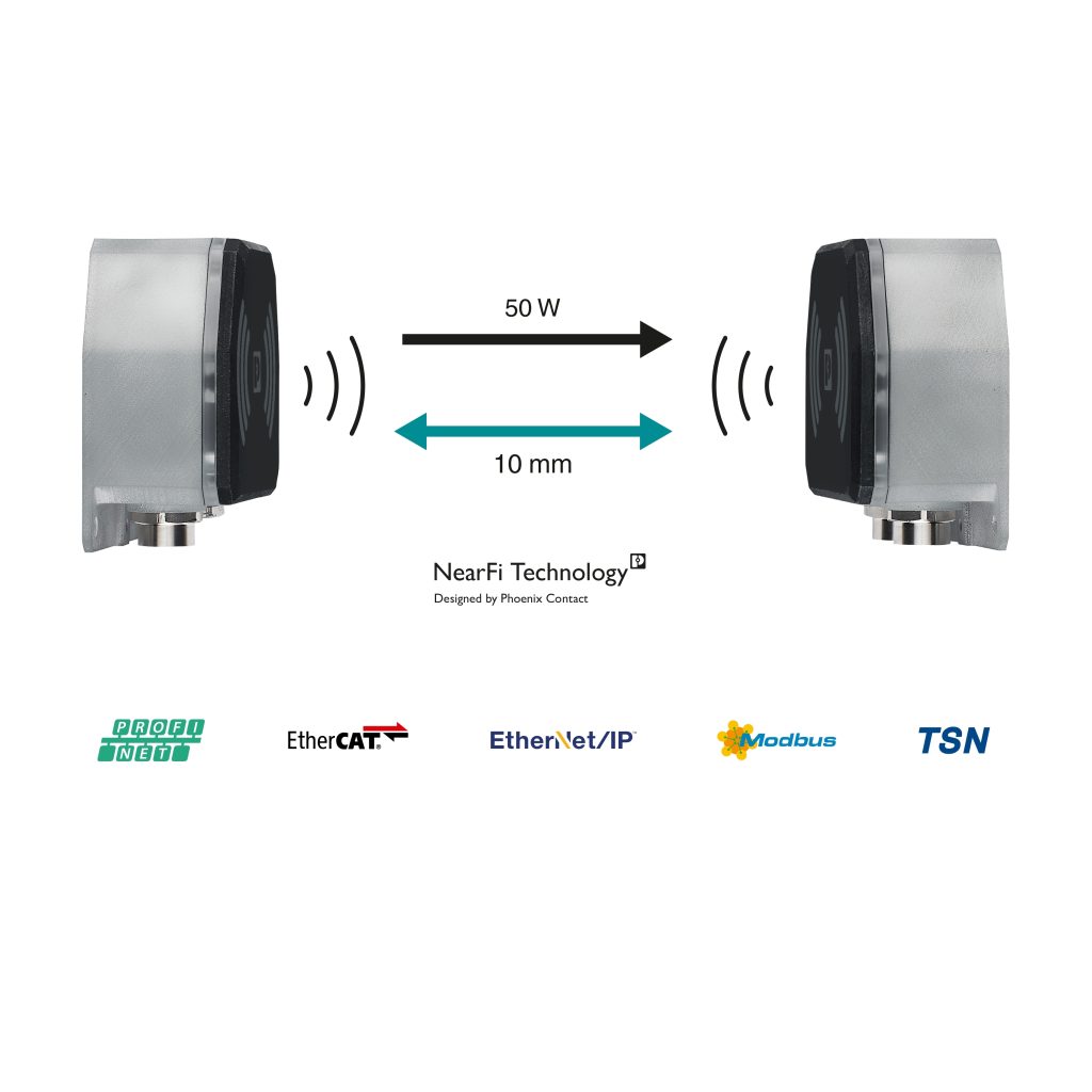 SHL nutzt NearFi-Technologie zur Automatisierung von Drehtischen 3 Neben der induktiven Energieübertragung bis 50W erfolgt eine protokollunabhängige und latenzfreie Echtzeit-Ethernet-Kommunikation über einen Luftspalt im Zentimeterbereich.