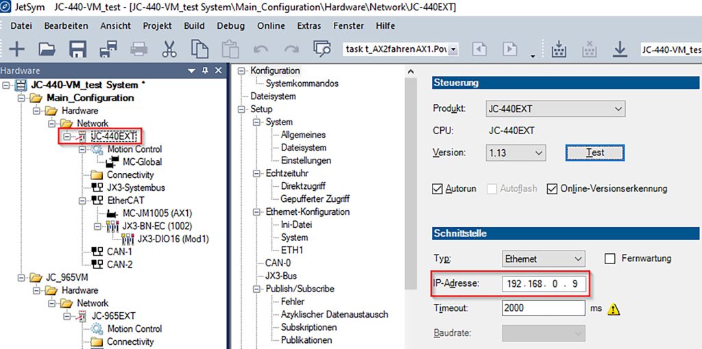 Schnellere SPS-Entwicklung mit virtuellen Steuerungen 2 Ob in JetSym oder in der VMware: Es wird die identische IP-Adresse verwendet.
Zwischen der realen und der virtuellen Steuerung gibt es keine Unterschiede.