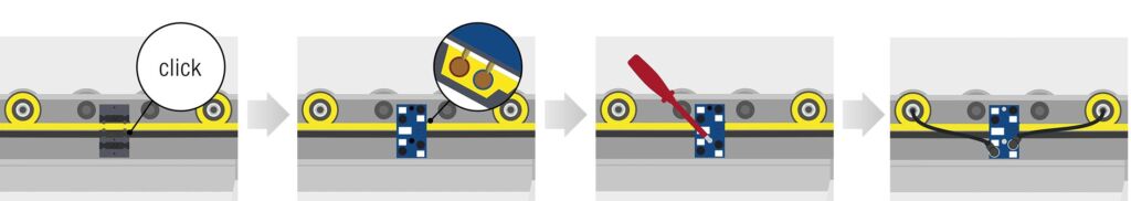 Weniger Stecker, mehr Verbindung 4 Anschluss mit Durchdringungstechnik: Profilkabel in Modulunterteil einlegen - Moduloberteil aufsetzen - Schraube(n) festziehen - Peripherie anschließen - fertig.