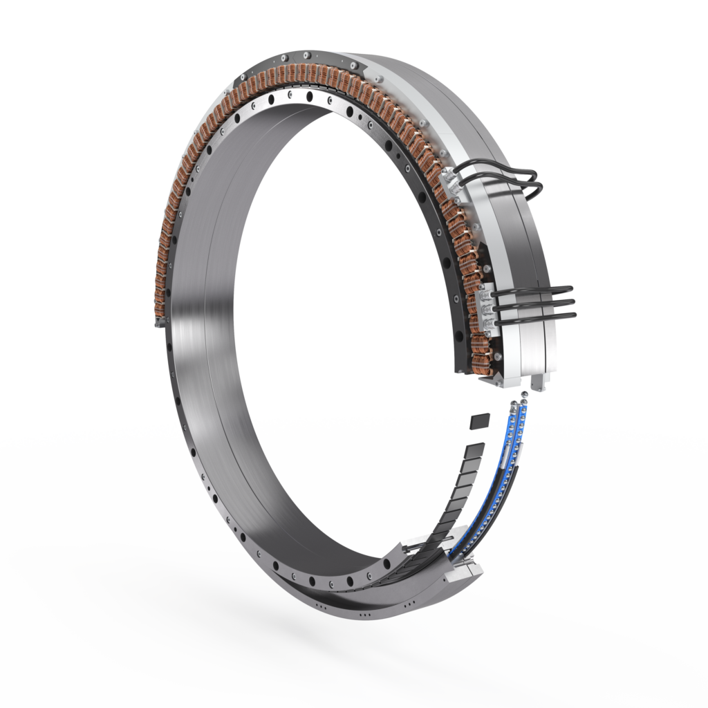 Drehverbindung mit segmentiertem Direktantrieb für mehr Leistung und Lebensdauer 1 Die besondere Konstruktion des Lagers mit Segmentmotor reduziert die auf den Rotor wirkende Schwerkraft, wodurch das integrierte Lager entlastet wird.