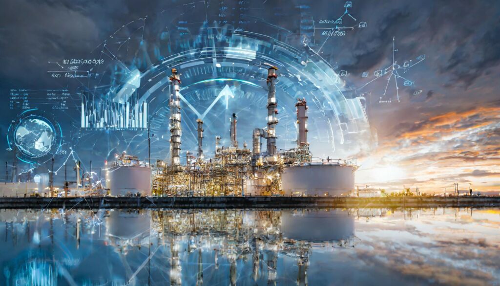 Sprungfeder für den Maschinenbau? 1 oil and gas power plant refinery with storage tanks facility for oil production or petrochemical factory infrastructure and demand price chart concepts as wide banner hologram datum data