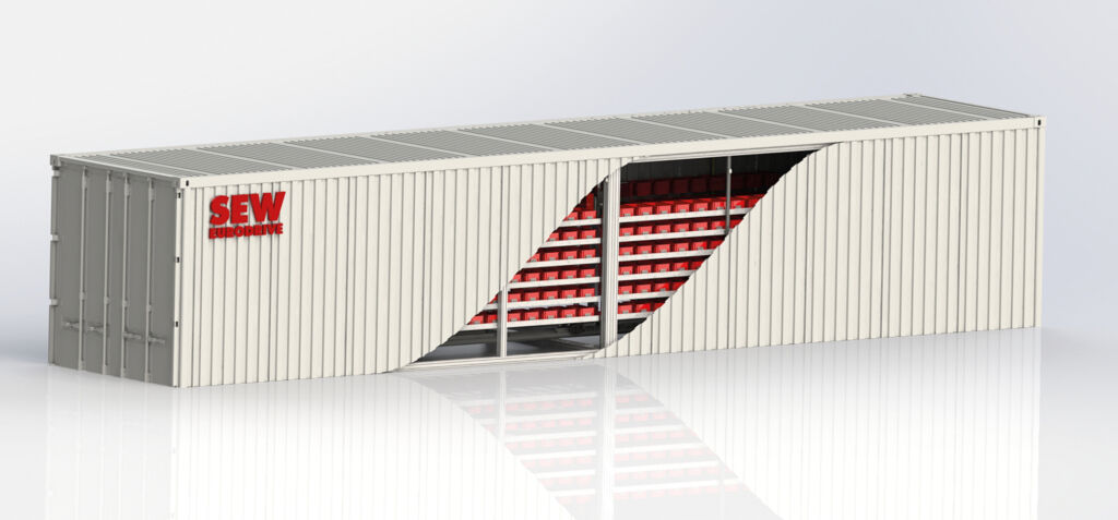 Antriebstechnik von SEW-Eurodrive für Regalbediengerät im Seecontainer 1 Ein komplettes, vollständig automatisiertes Regalbediengerät findet in einem Seecontainer Platz.