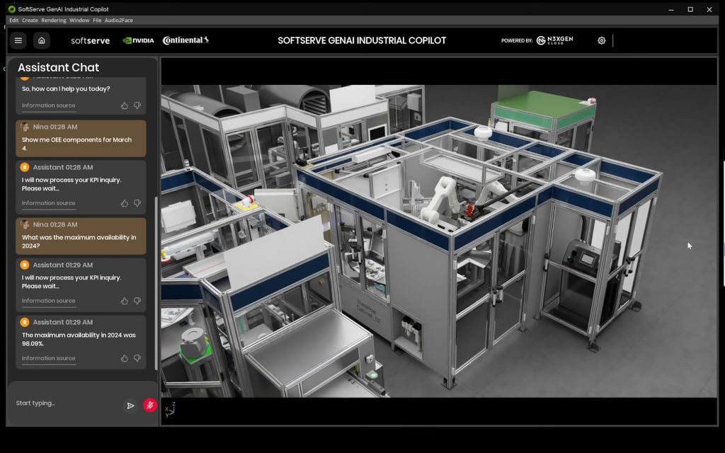 Der Co-Pilot steuert sicher durch den Datendschungel 1 Der Gen AI Industrial Copilot von Softserve basiert auf der Omniverse-Plattform von Nvidia und bietet unter anderem eine dynamische Echtzeit-Visualisierung von Produktionsprozessen.
