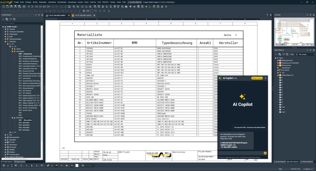  "Zur Erstellung einer Materialliste ist ein einziger Klick plus die Eingabe 'Erstelle eine 
Materialliste' in der Befehlszeile erforderlich. 