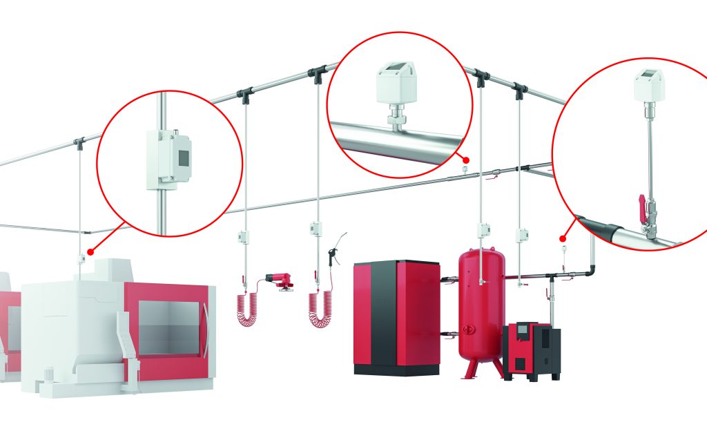 Spürnase für Druckluftleckagen 1 Um auf Leckagen überhaupt erst aufmerksam zu werden, ist
zunächst eine kontinuierliche Druckluftverbrauchsmessung
erforderlich, da aus deren Daten leckagebedingte
Mehrverbräuche erkennbar sind. Dafür bieten sich unterschiedliche Sensoren an.