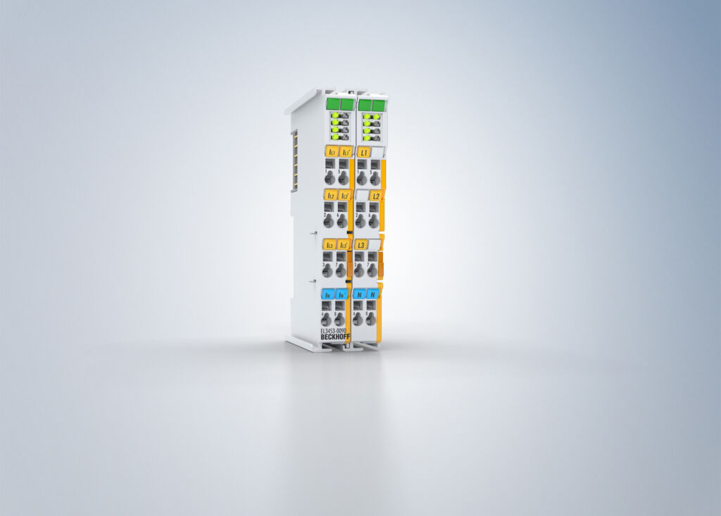 Leistungsmessung mit sicherer Leistungsüberwachung 1 Die TwinSAFE-SC-Funktionalität der EL3453-0090 ist an einem gelben Streifen auf der Gehäusefront zu erkennen.