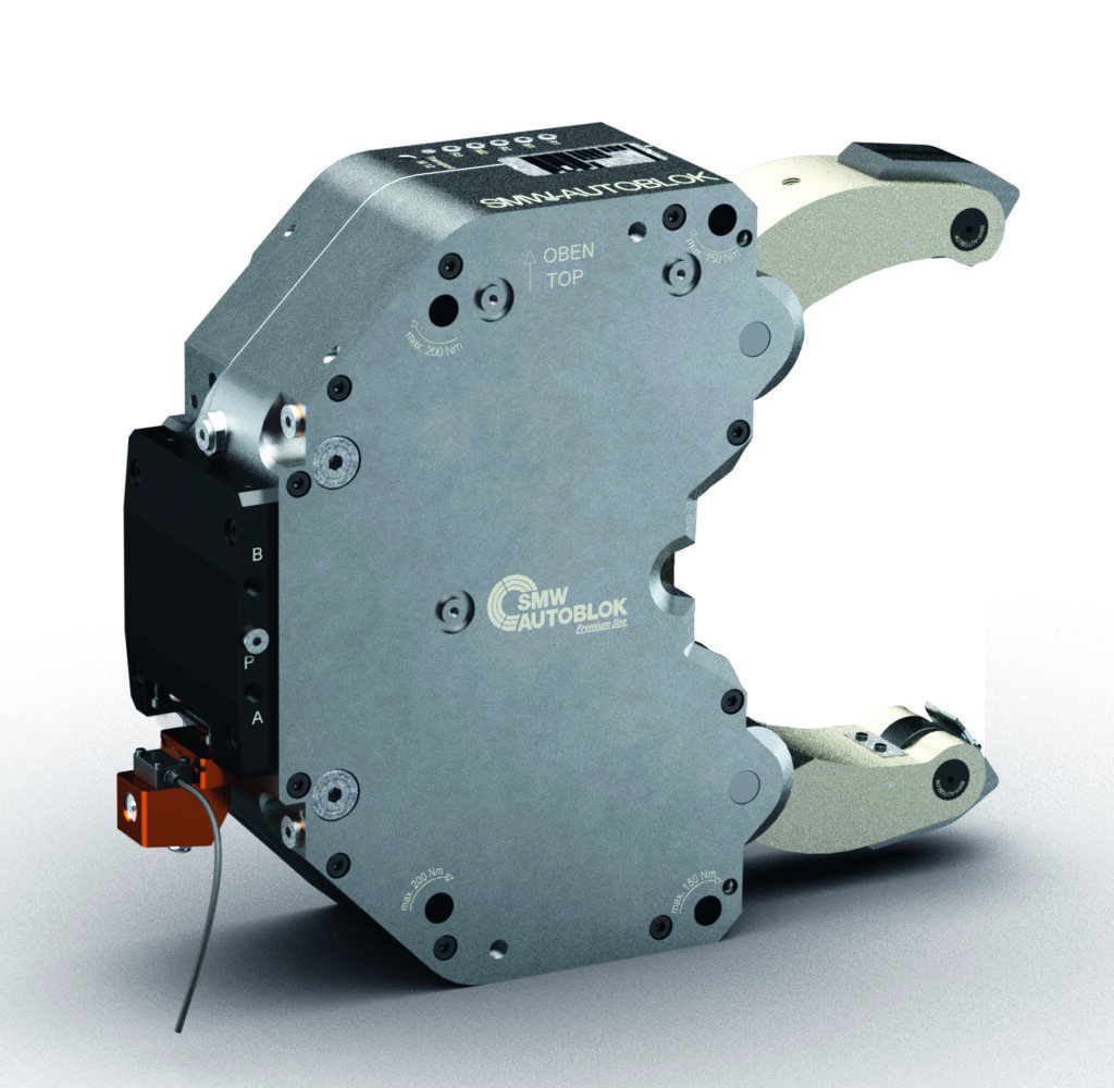 Induktives Koppelsystem 1 Mittels Ultraschalls erfasst das Wegmesssystem USP 4.0 die genaue Position der Hebel der selbstzentrierenden Lünette.