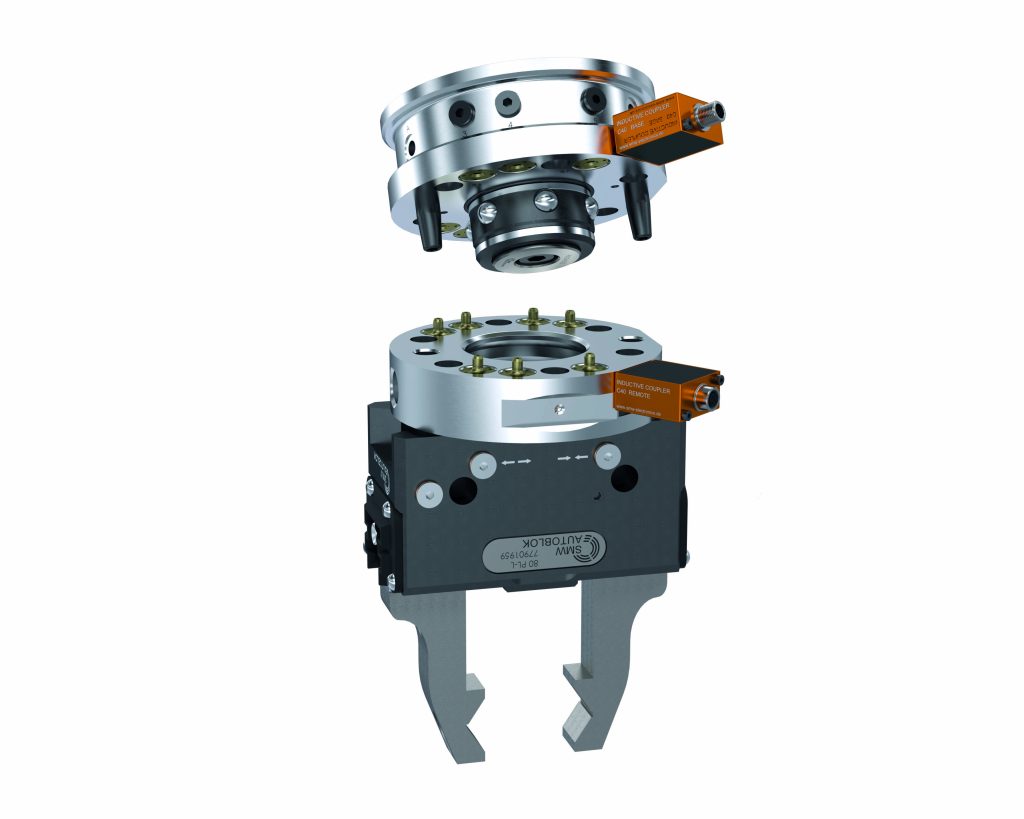 Induktives Koppelsystem 2 Das induktive Koppelsystem C40
Automation überträgt hier in einem Greiferwechselsystem Energie und Signale, so dass ein Sensor die Endlage oder
Greifposition sicher überwachen kann.