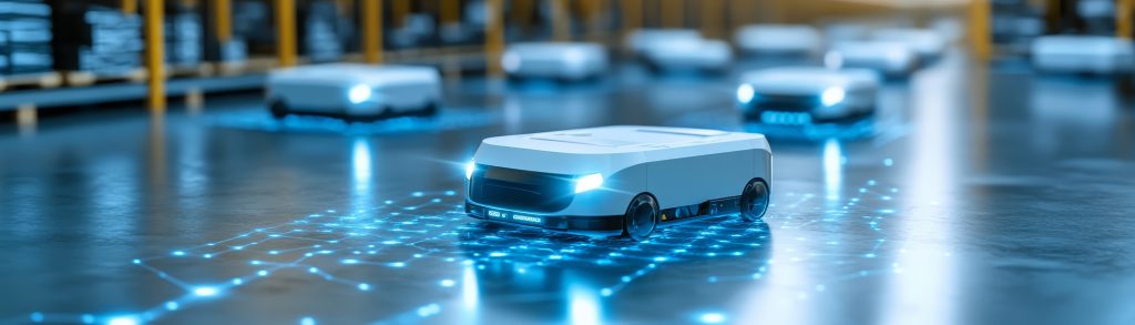 Autonomous warehouse robots in futuristic logistics