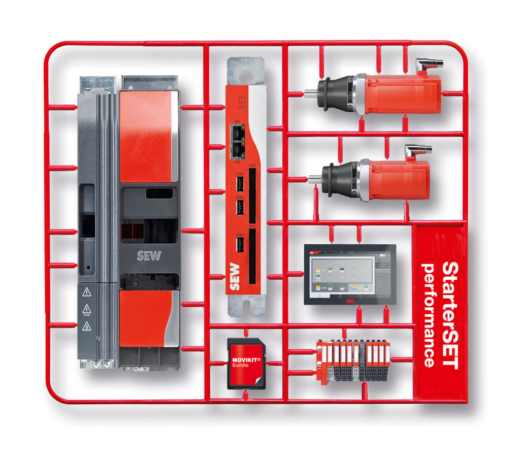 Schneller zum fertigen Gantry-Roboter 2 Die Startersets 664 und 676 (Grundpaket) sind spezifisch auf den Einsatz von Portalrobotern zugeschnitten. Sie beinhalten alle erforderlichen Antriebskomponenten wie Getriebemotoren, Umrichter, Controller und Softwarebundles. Dank des Baukastensystems lassen sich die Pakete individuell anpassen.