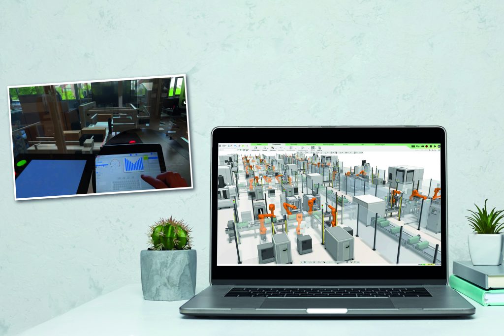 Best Practices für die virtuelle Inbetriebnahme 1 Bild oben: Blick durch eine AR-Brille auf eine virtuelle Verpackungsanlage – verbunden mit einem realen HMI zur Anlagensteuerung