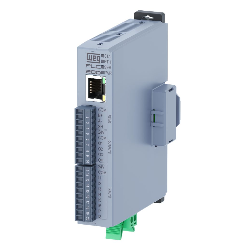 Effizient automatisieren aus einer Hand 1 Bei WEG gehen Antriebs- und Steuerungstechnik Hand in Hand: WEG: Der Frequenzumrichter CFW900 mit Wärmemanagementfunktion (links) neben der kompakten Kleinsteuerung PLC200 und der leistungsfähigen PLC500, die sich durch ihre leistungsfähige Hardware und Programmierflexibilität, IoT-Funktionen sowie eine Reihe von Erweiterungskarten kennzeichnet.