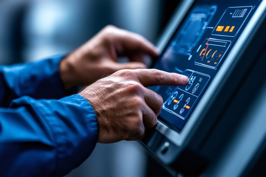 Industrial worker operating modern touchscreen control panel in factory setting 1