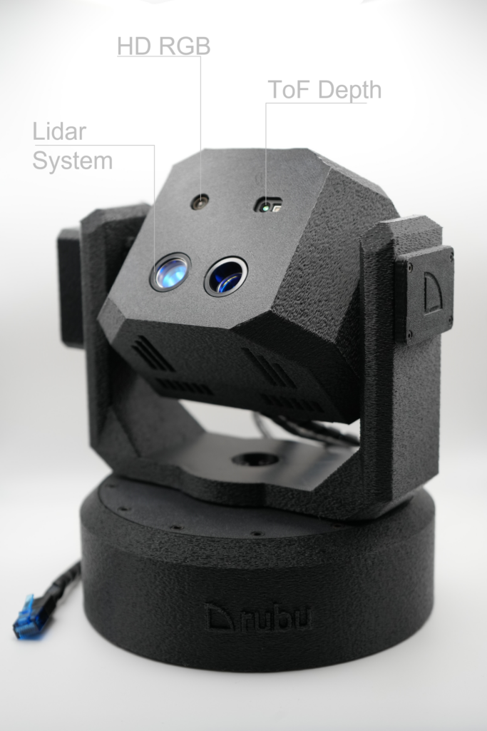 Räumliches Sehvermögen 1 Schematische Darstellung der Multi-Sensor-Einheit (RGB-Kamera, ToF-Sensor und Lidar).
