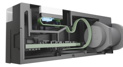 Smarte Ultraschallsensoren können mehr 2 Die NexSonic Technologie nutzt ein spezielles Sensordesign, das einen Teil der Elektronik (hellblau) direkt an das Sensorelement bringt. Das Ergebnis sind kürzere Signalwege und verbesserte elektromagnetische Verträglichkeit.