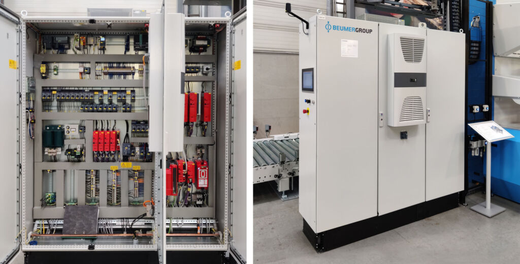  Der Vergleich zeigt, dass man mit Airstream Energie, Gewicht und Platz bei der Verdrahtung sparen kann. Oben der Schaltschrank mit Montageplatte und n&ouml;tigem Klimager&auml;t, 
darunter der Schrank mit dem Airstream-System. Beide mit identischer Best&uuml;ckung. 