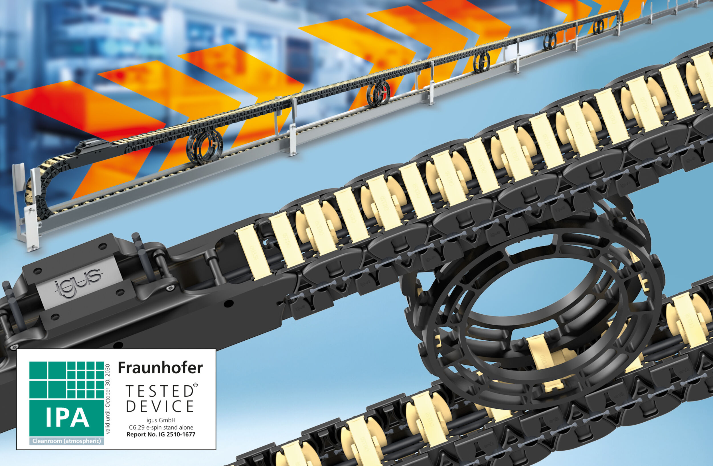 Die C6-Energiekette in Kombination mit dem neuen e-spin Obertrumführungsrad ermöglicht eine zuverlässige Energie- und Datenversorgung bei minimaler Partikelemission - und das auf Verfahrwegen bis zu 30m.