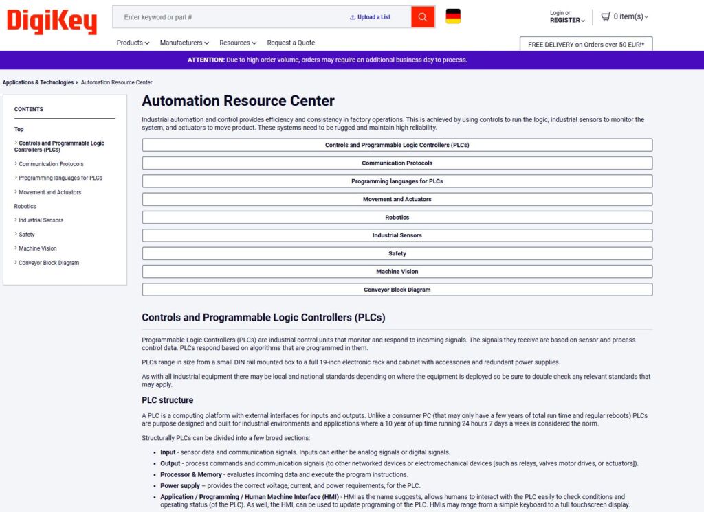  Das Automation Resource Center von DigiKey ist eine umfassende Wissensplattform und -datenbank die Ingenieuren und Entwicklern Ressourcen zu Themen wie SPS, Sensorik, Aktorik, Robotik, Security, Safety und Energieversorgung bietet.