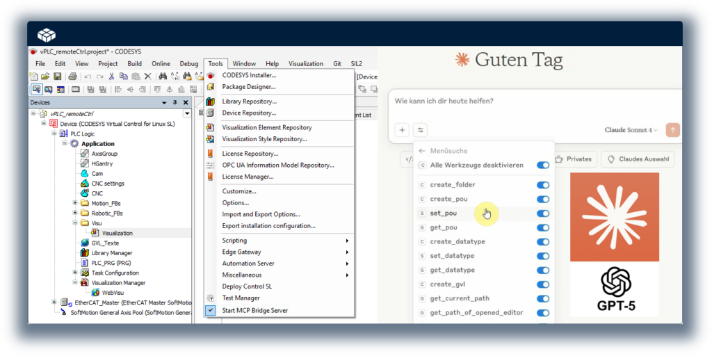 Der CODESYS MCP Server stellt der KI eine Reihe von Diensten bereit, mit der sie Inhalte eines CODESYS-Projekts auf Basis von Prompts automatisiert erstellen kann.
