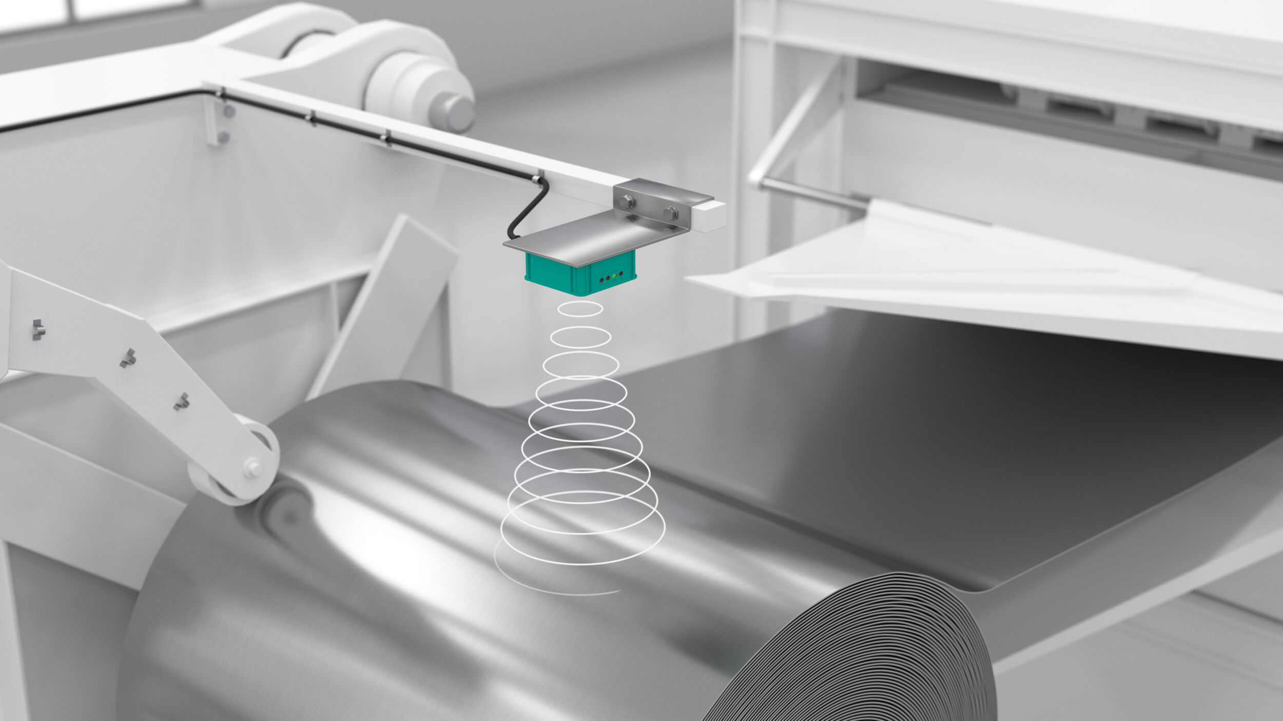 Der Ultraschallsensor ermöglicht eine zuverlässige Verbrauchskontrolle von Rollenmaterial in einer Blechschneidanlage.