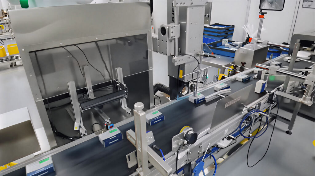 Die Zeichen sicher erkennen 1 Der Machine-Vision-Aufbau besteht aus einem Sensor, der die Kamera (unten Mitte) auslöst, sobald das Bauteil im Aufnahmebereich der Kamera ist.