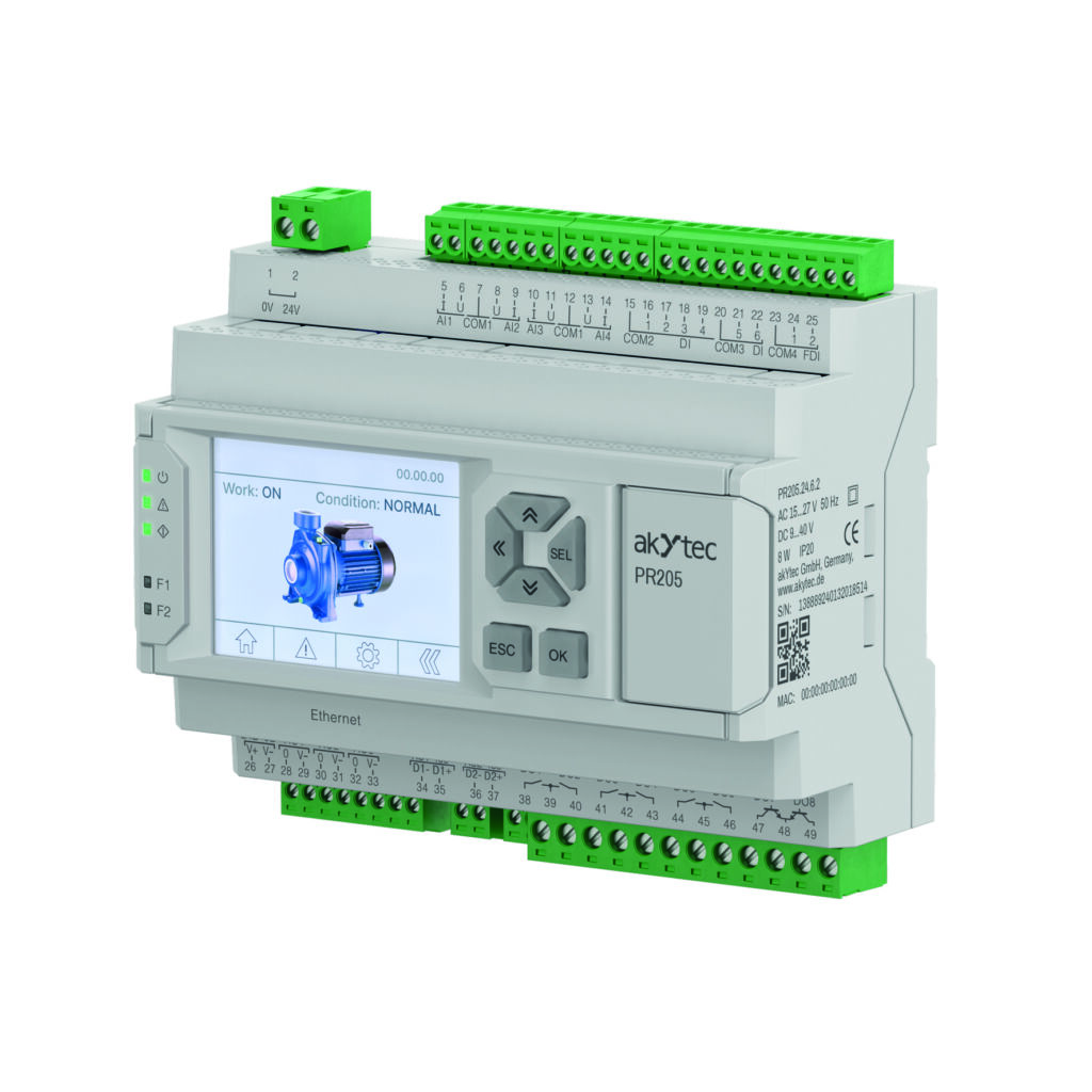 Kundenspezifisch integriert 3 Das Kompaktsteuergerät PR205 ist eine speicherprogrammierbare Steuerung (SPS) zur Hutschienenmontage mit integriertem 2,4-Zoll-Farbgrafikdisplay und einer Ethernet-Schnittstelle.