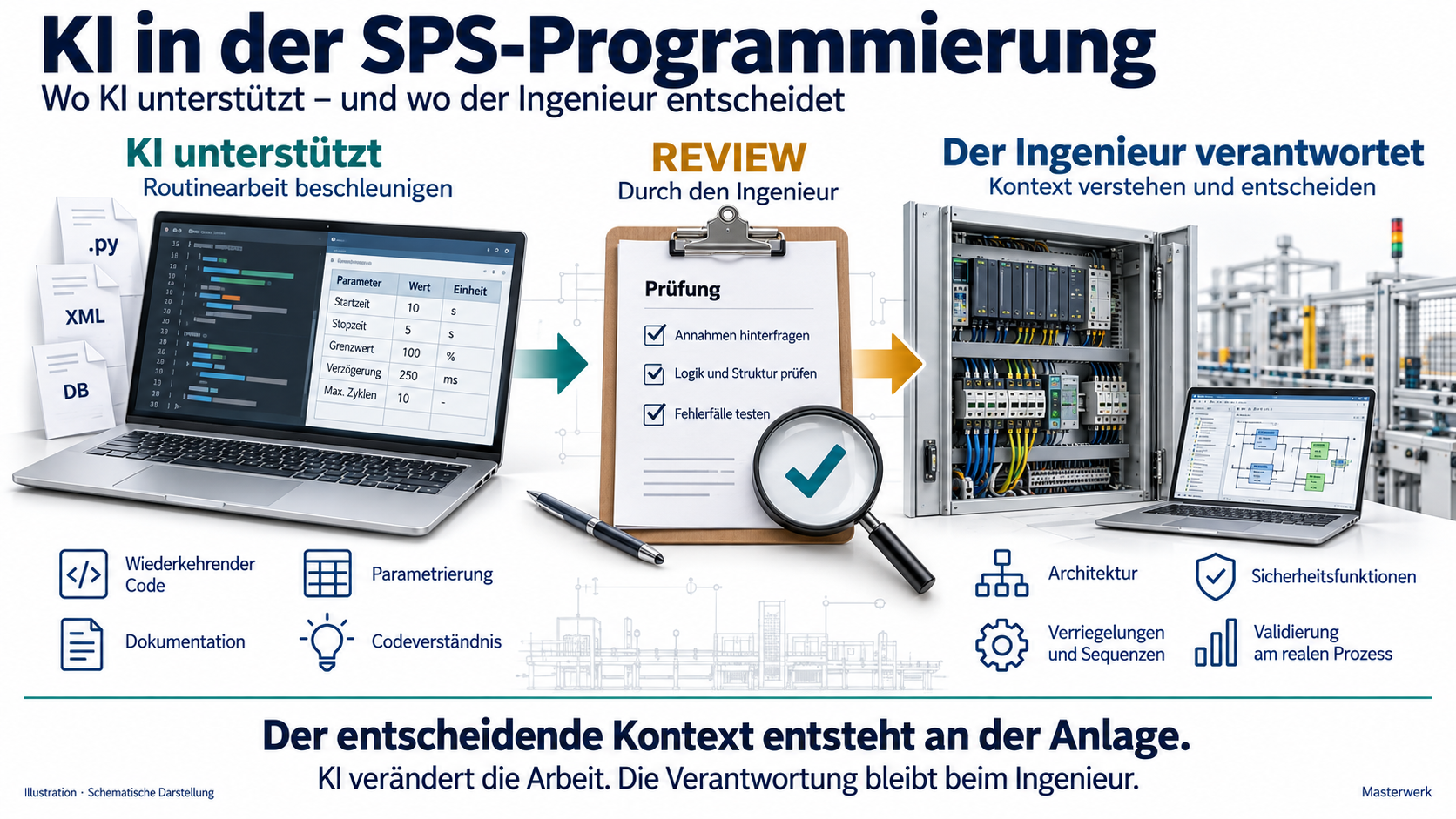 Tempo ja, Verantwortung nein 7 KI braucht in der SPS-Programmierung eine klar umrissene Rolle. So arbeitet sie bei Masterwerk als Engineering-Assistenz und nicht als Eigentümerin der Steuerungsarchitektur. Die Verantwortung für die Logik bleibt beim Ingenieur.