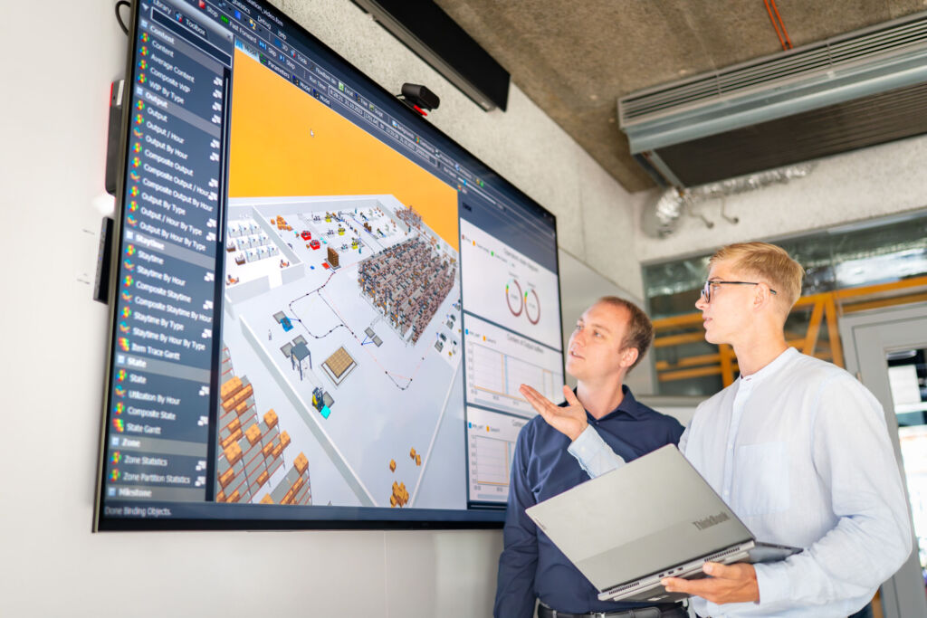 Materialflüsse simulieren, Lagerautomatisierung sicher planen 1 Die 3D-Simulation macht Materialflüsse, Bewegungsabläufe und mögliche Engpässe im virtuellen Modell sichtbar.