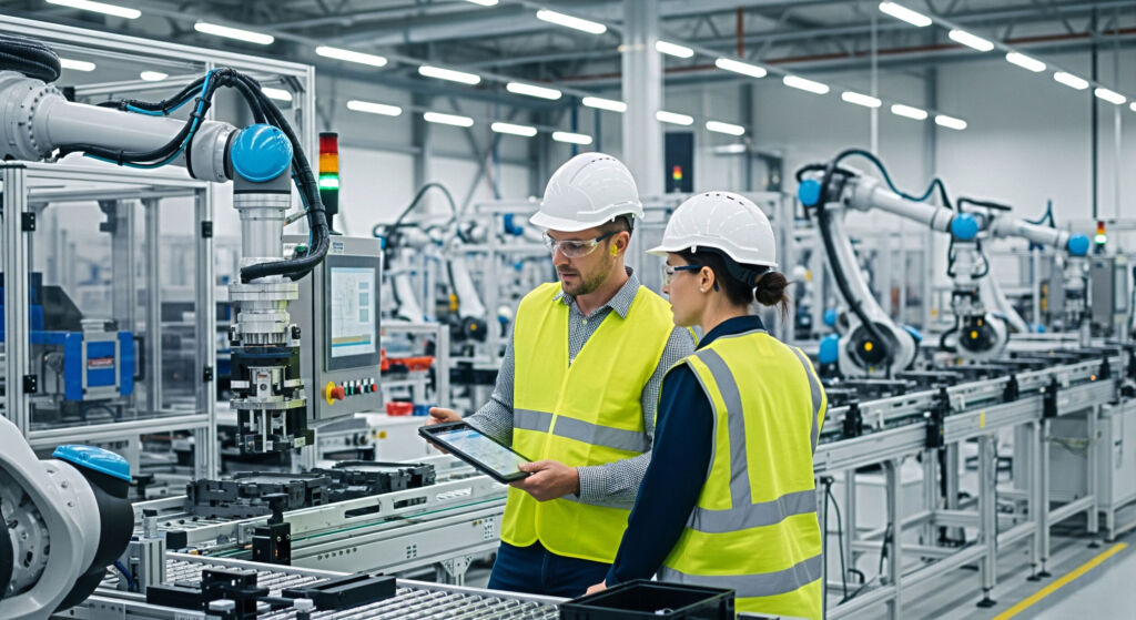 Wissen, was zu tun ist 1 Engineers collaborating on tablet inspect advanced robotics assembly line for modern manufacturing efficiency