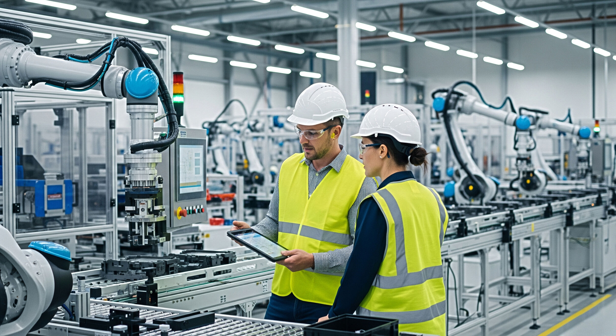 Wissen, was zu tun ist 6 Engineers collaborating on tablet inspect advanced robotics assembly line for modern manufacturing efficiency