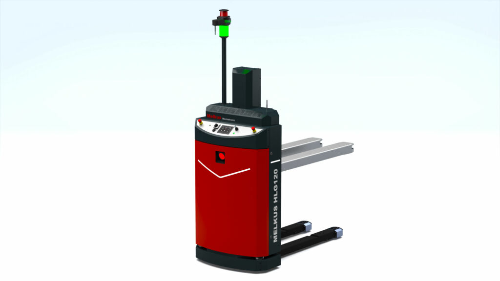 Das neue Paletten-FTS HLG120 von Melkus Mechatronic bietet eine Nutzlast von 1.300kg bei einem Eigengewicht von 400kg.