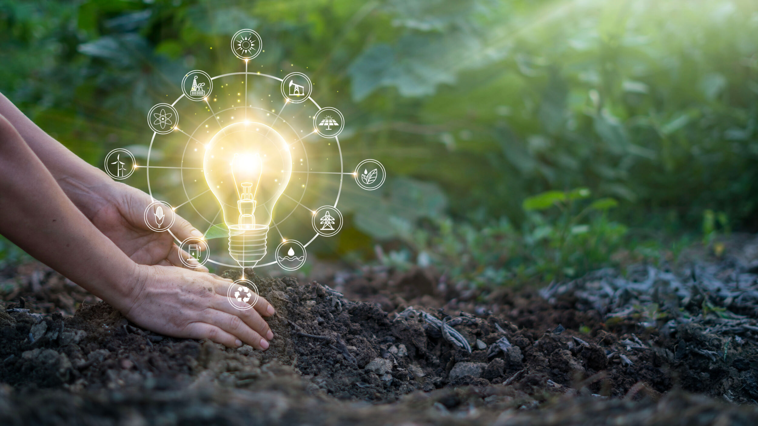 Hands of men touching leaf and glowing light bulb on the soil. S