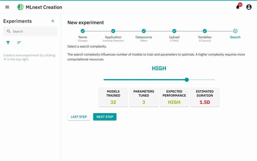 Die Oberfläche von MLnext Creation ist intuitiv und aufgeräumt, damit Machine Learning auch ohne Programmier- oder Fachkenntnisse umgesetzt werden kann.