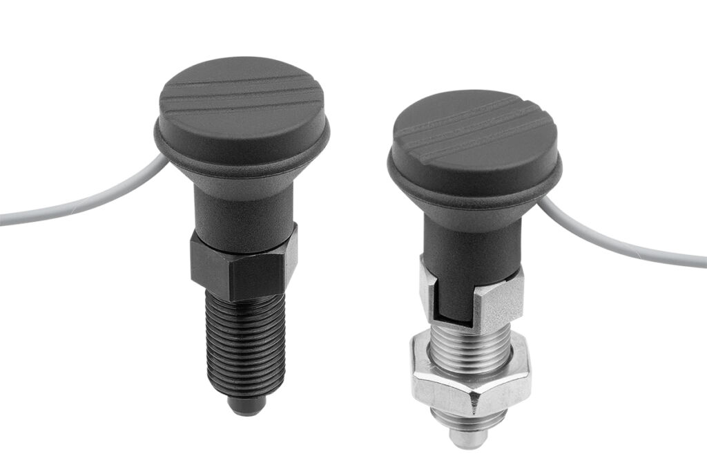 Kabelgebundene Arretierbolzen mit Zustandssensor. Der Sensor ist im Griff integriert und schaltet, sobald der Bolzen 1mm gezogen ist.