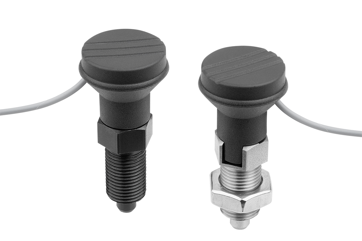 Kabelgebundene Arretierbolzen mit Zustandssensor. Der Sensor ist im Griff integriert und schaltet, sobald der Bolzen 1mm gezogen ist.