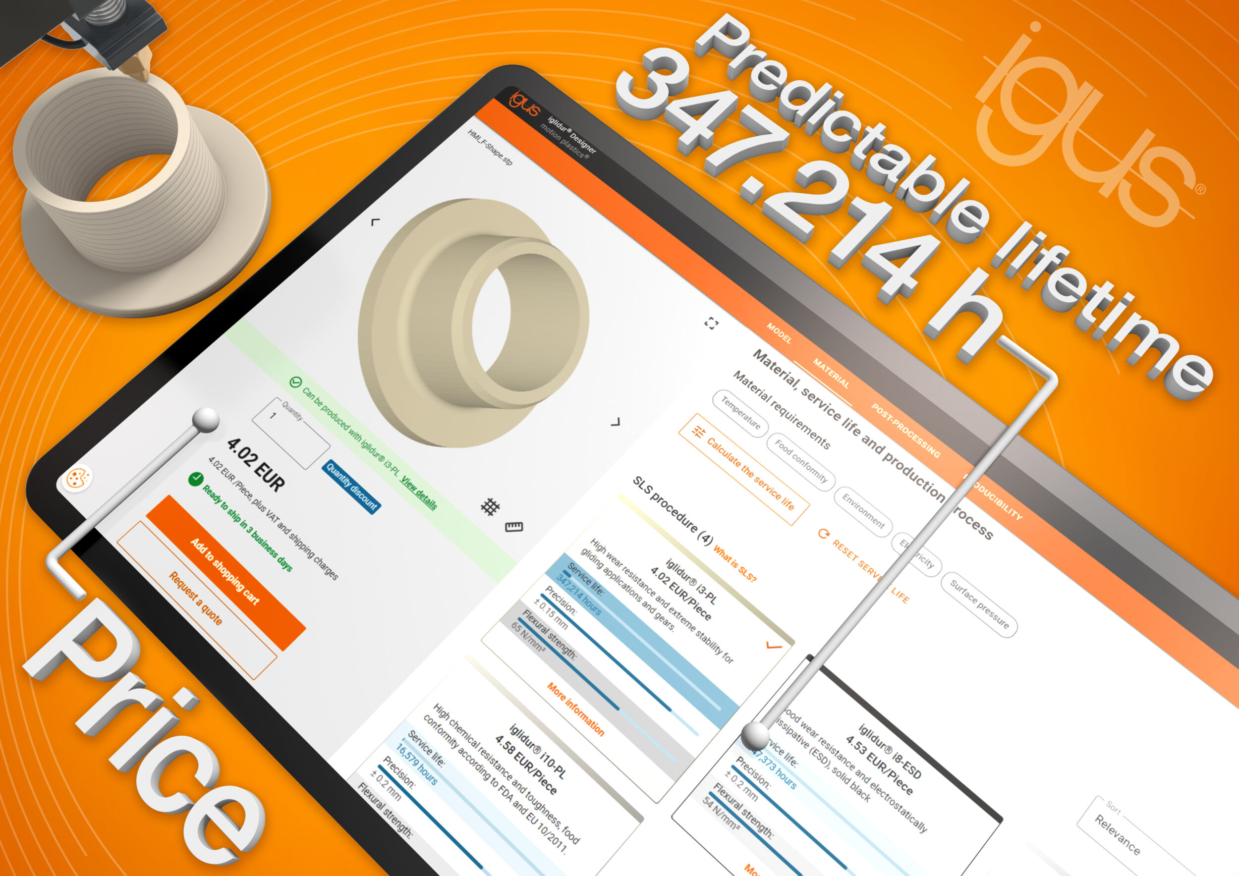 Der Online-3D-Druck-Service von Igus berechnet nicht nur den Preis und erstellt eine Machbarkeitsanalyse, sondern kann auch in wenigen Sekunden die Lebensdauer von individuell gefertigten Sonderteilen vorhersagen.