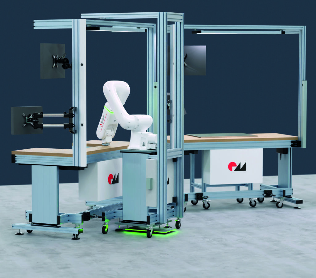 Mit Assistenzsystemen bis hin zum Cobot - hier der mobile Cobot-Wagen RK Easy Cuve - kann RK Rose+Krieger Arbeitsplätze zur teilautomatisierten Montagelinie ausbauen.