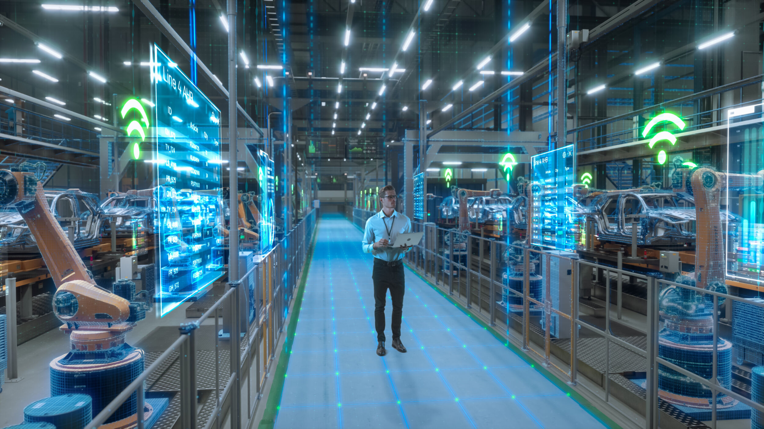 Engineer With Laptop Activates Autonomous EV Factory Digitization. Visualization Shows Robotic Arms Assembly Line Digital Twin Lines of Data Computer Vision Transformation Manufacturing Technology