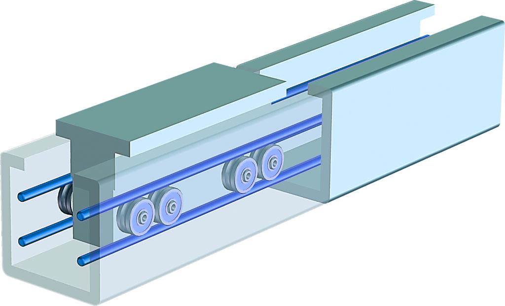 Bei Rollenführungen ersetzen Rollen die Lagerkugeln, um höhere
Geschwindigkeiten bei geringerer Reibung zu erreichen.