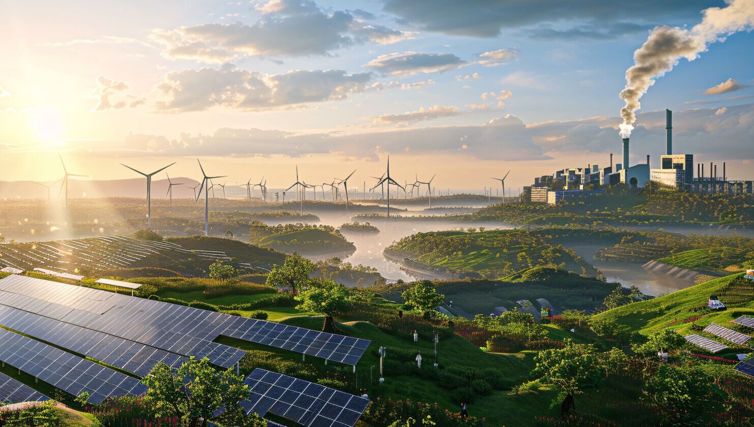 A futuristic green industry eco power plant amidst lush surround e1769698381805