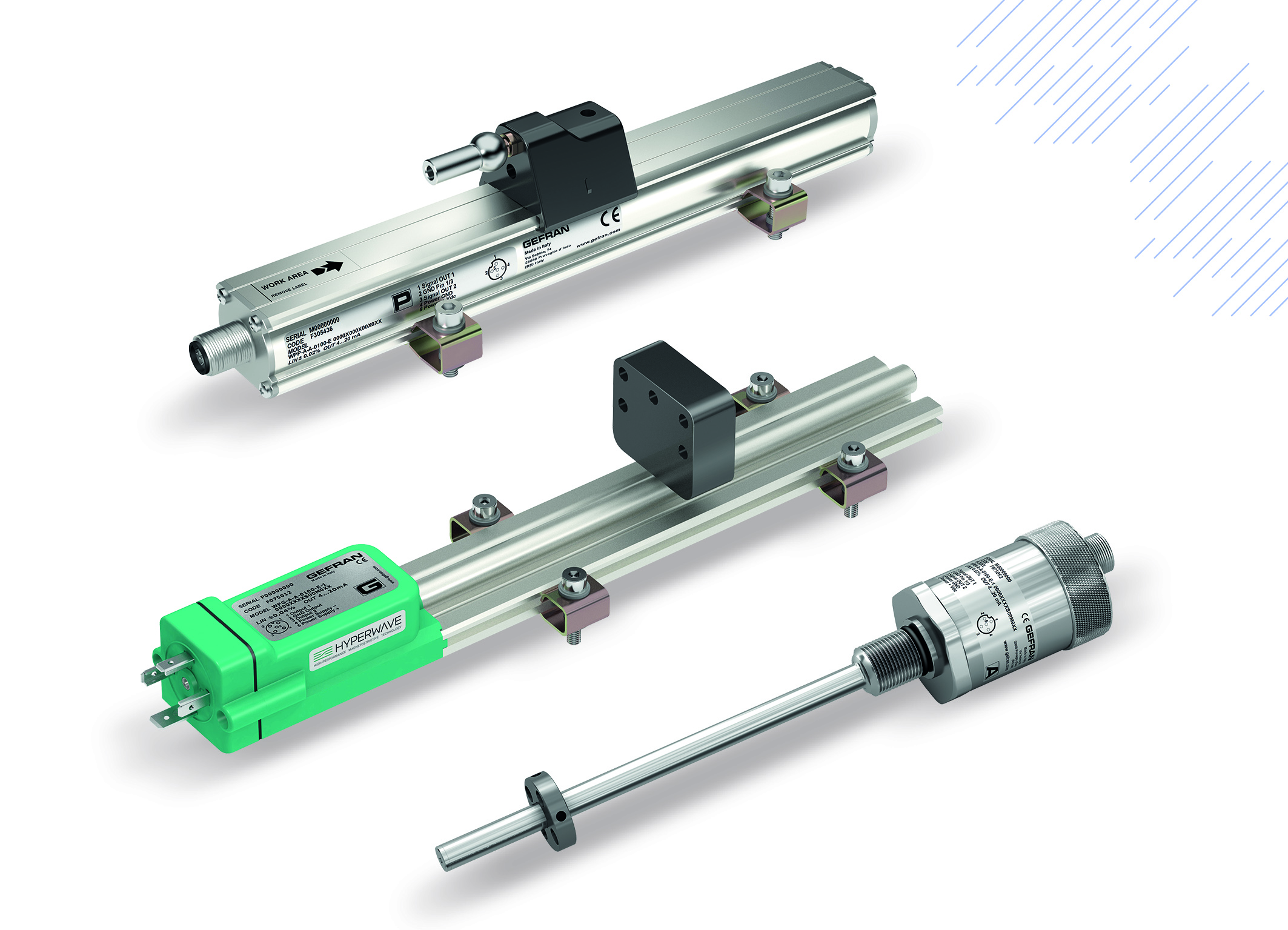 Die Hyperwave-Baureihe der analogen, magnetostriktiven Linearwegaufnehmer von Gefran: vorn rechts die Stabbauform, wie sie bei Britas zum Einsatz kommt.