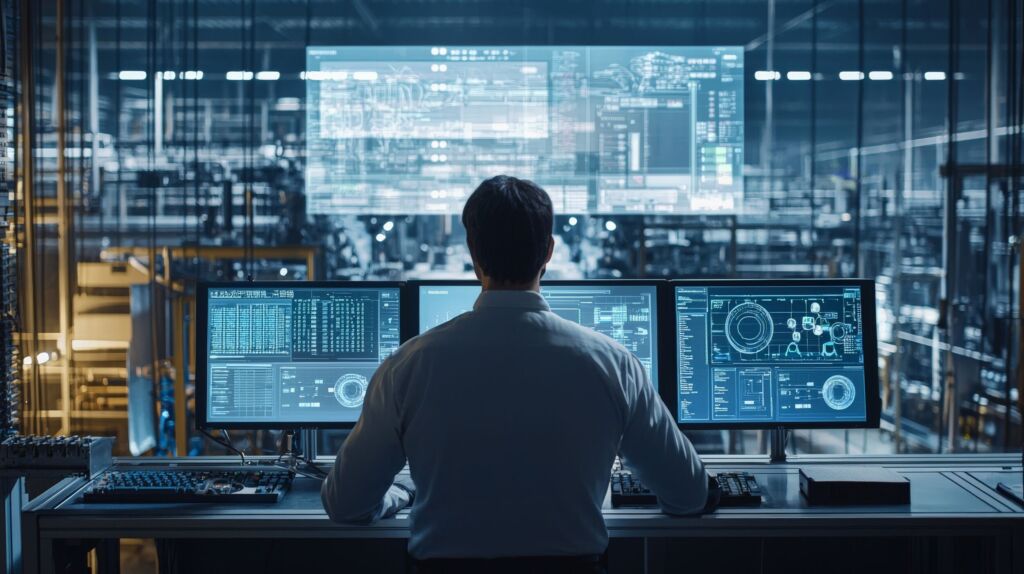 A factory manager overseeing the production process from a control room with screens displaying real time data emphasizing the role of technology in managing and optimizing manufacturing operations