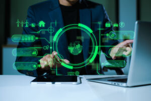 Man using futuristic interface with smart tech and mobile to man